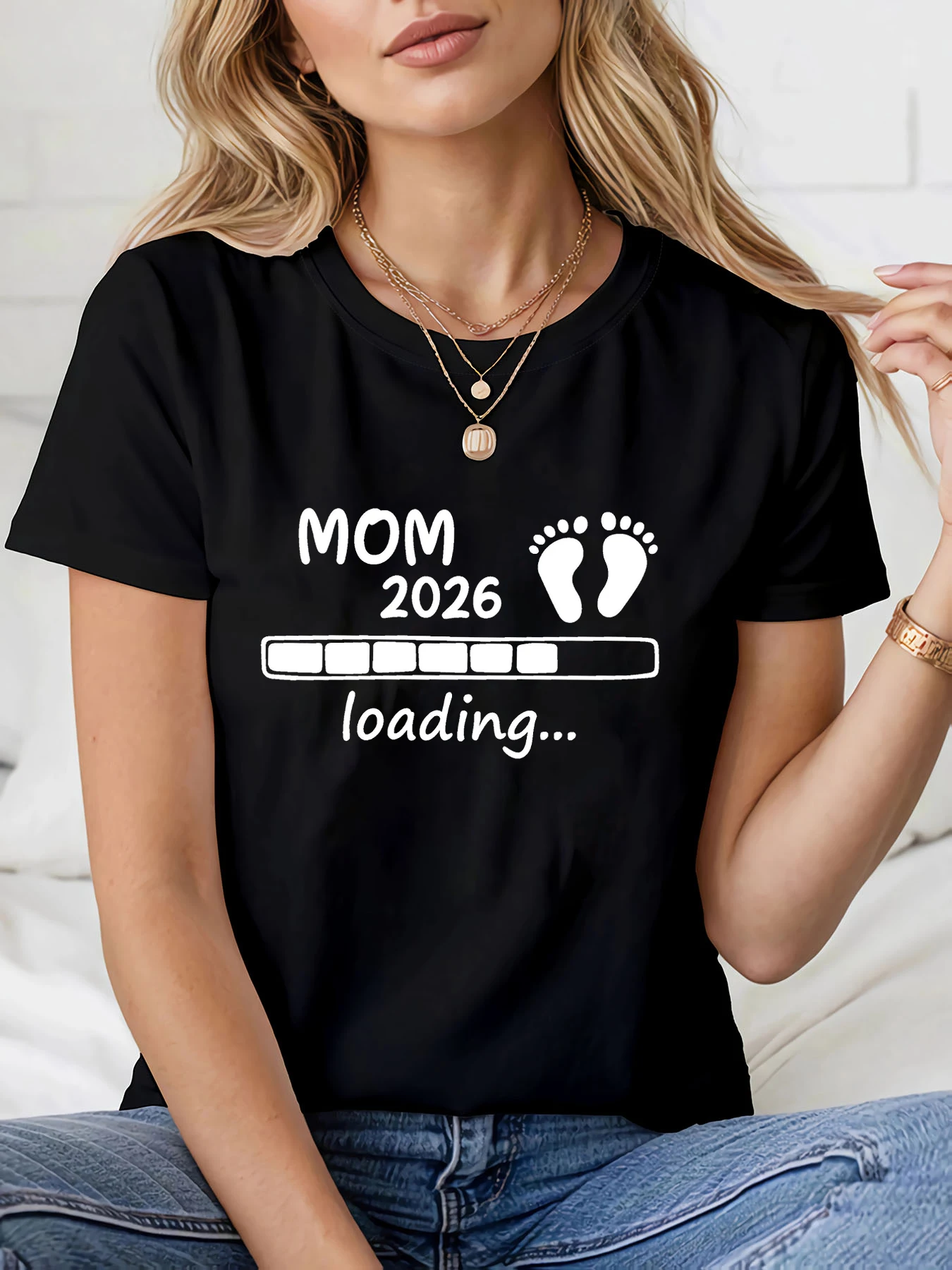 Women Summer Print T Shirt Short Sleeve Funny Mom 2026 Loading Pregnancy Announcement Graphic Tees for Casual Daily Wear