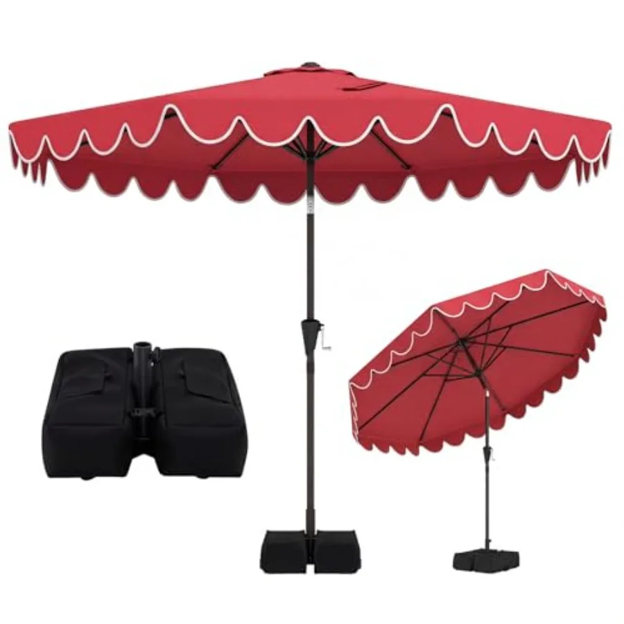 Patio umbrella for backyard pool deck use, polyester fabric in beige, tilt adjustment and crank mechanism with 8 ribs and 2-tie