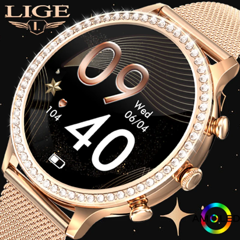 

LIGE New AMOLEO Smart Watch Women Bluetooth Call Blood Pressure Custom Dial Sports Bracelet Waterproof Men Smartwatch Ladies+Box