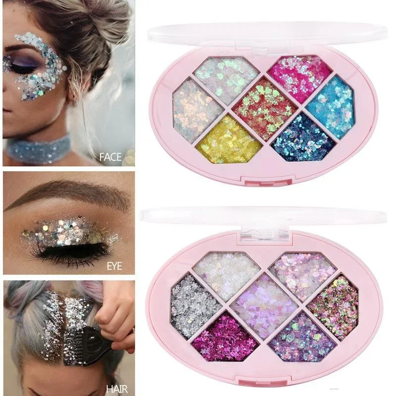 Premium 7 Colors Shimmer Pigment Palette Diamond Sequins Five Pointed Star Moon Glitter for Face Eyes Brows