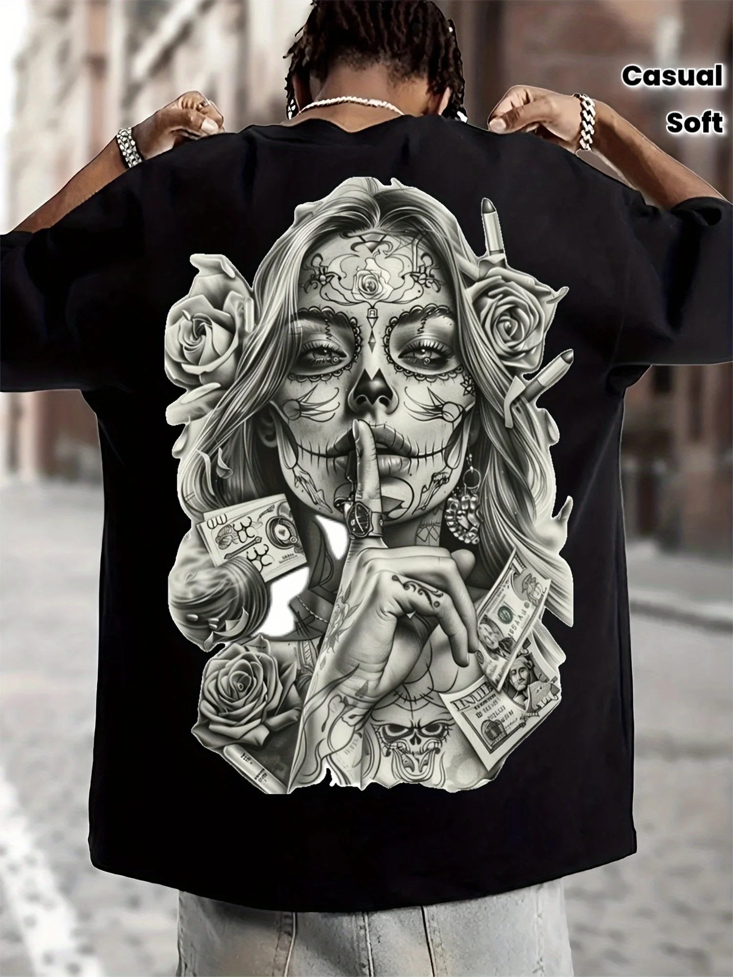 Herren-T-Shirt „Day Of The Dead Sugar Skull Girl Back“ Chicano Rose Money Street mit Rundhalsausschnitt – Detail 1