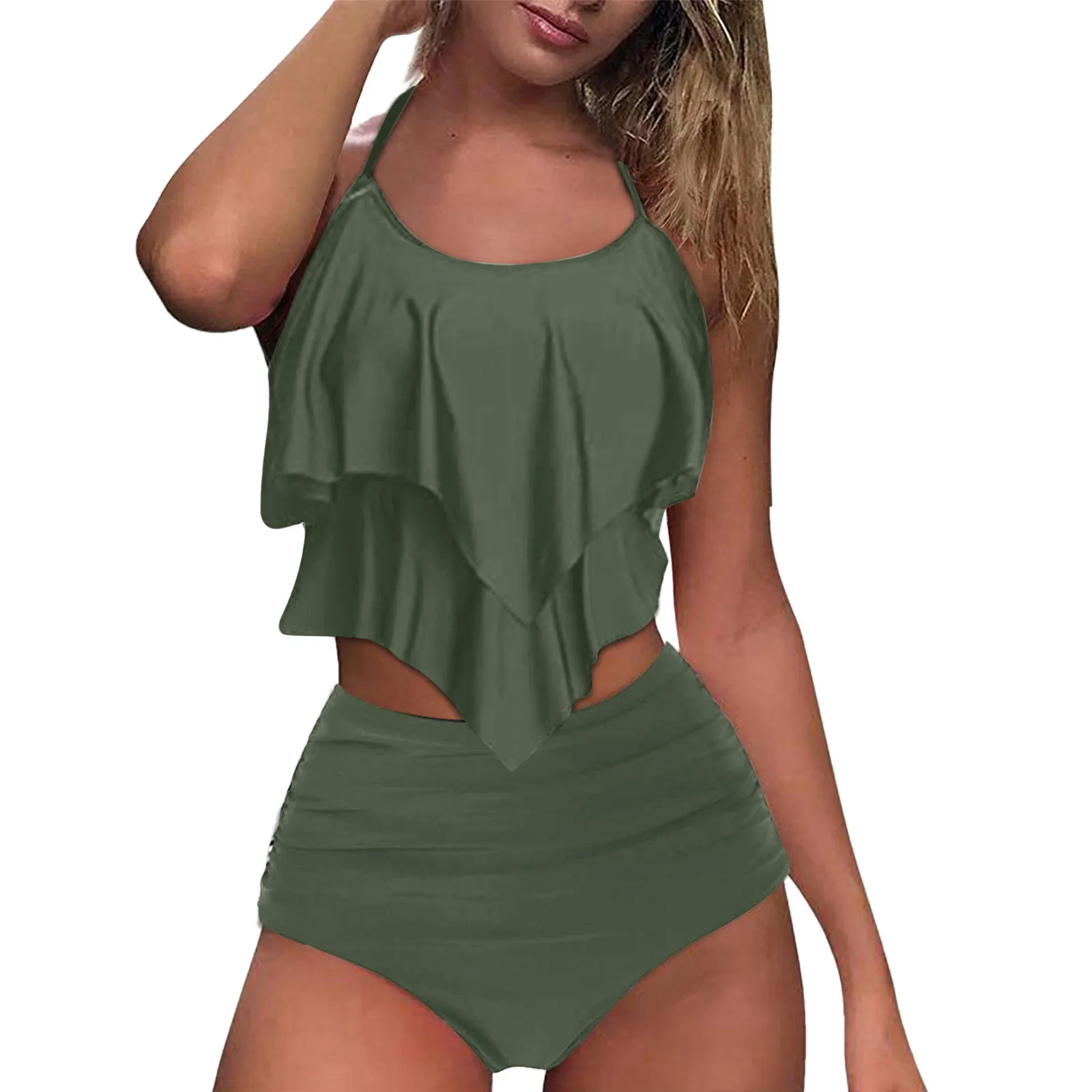 Conjunto de Tankini de cintura alta para Mujer, Bikini Sexy de Color sólido, Tankini de dos piezas, traje de baño Sexy de realce, traje de baño caliente Y2k para playa de verano