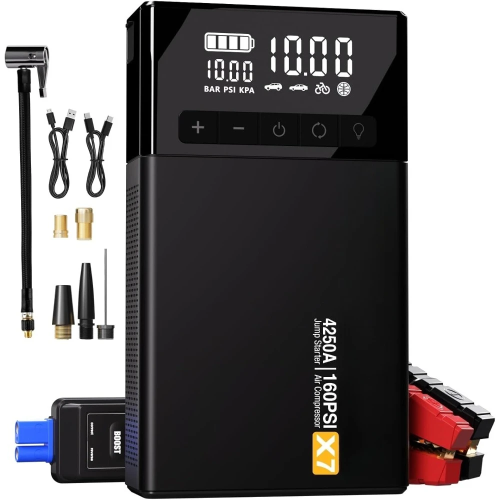 

Портативный автомобильный стартер с воздушным компрессором 4250A, 12 В, усилитель аккумулятора для внедорожника, грузовика, накачка шин QC 3.0 Fast