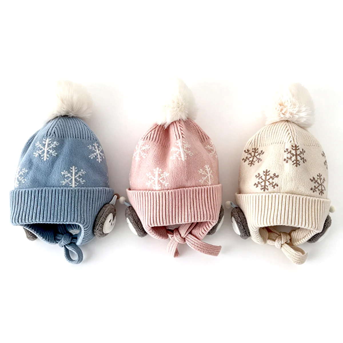 1PC Kids Winter Knitted Earflap Hat Snowflake Pattern Penguin Decor Thick Warm Pom Pom Beanie for Boys Girls Toddler XYXH003