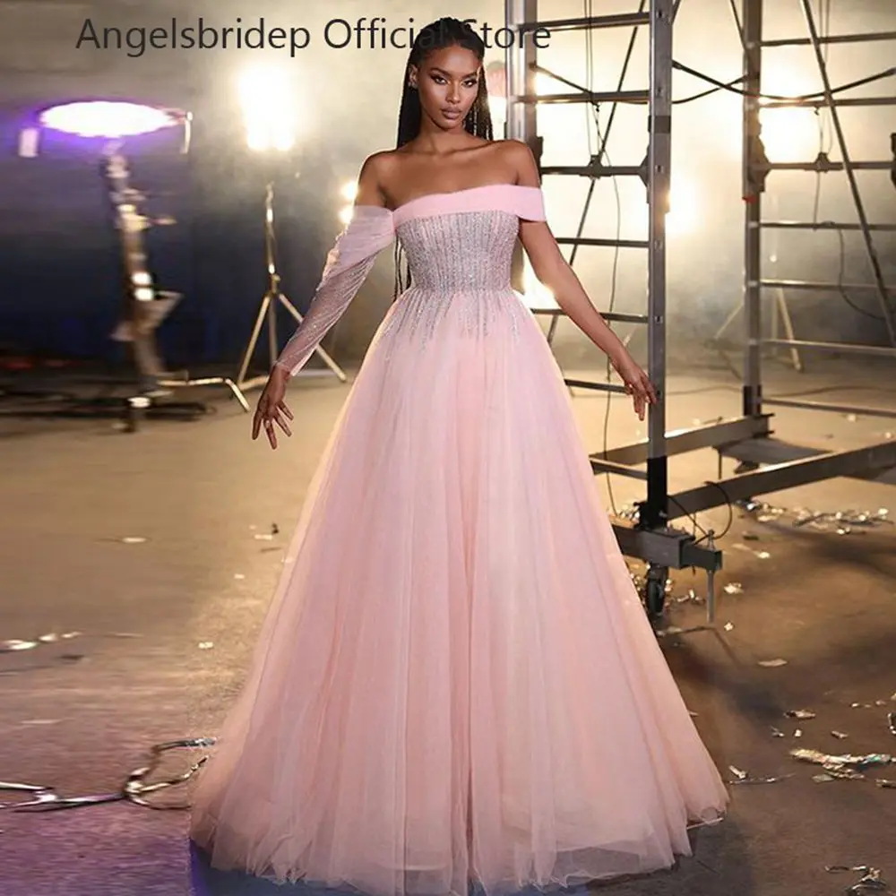 

Angelsbridep Tulle Prom Dresses Glitter Sequins A-line Evening Gowns Pink Off Shoulder Party Dress Vestidos De Ocasión Formales