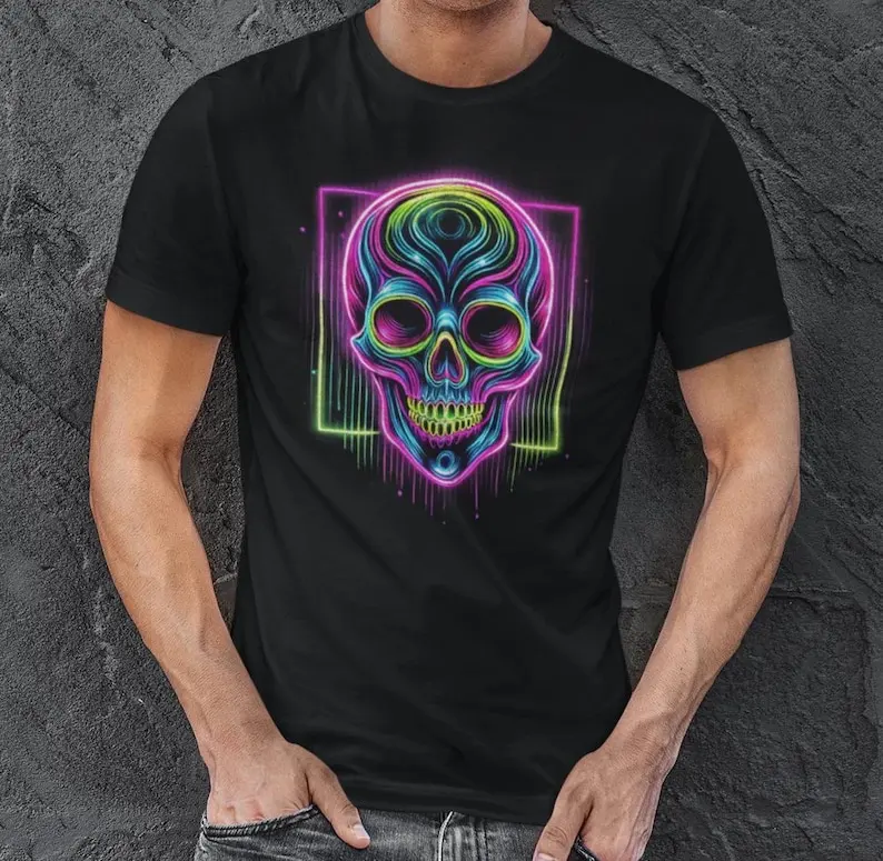 

Neon Skull T-Shirt - Vibrant Psychedelic Skull Tee, Retro Vaporwave Shirt, Unisex Music Festival Graphic Tee, Cool Halloween Par