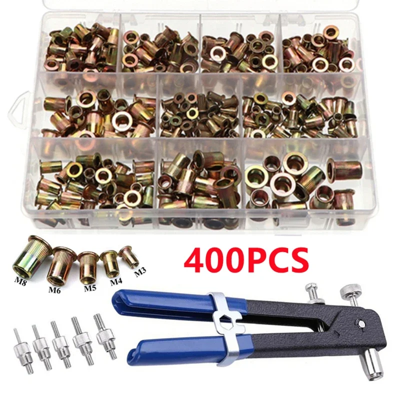 

400Pcs M3 M4 M5 M6 M8 Rivet Nuts or Tools Carbon Steel Rivnuts Blindnuts Nuts Flat Head Threaded Insert Rivet Multi Sizes Tools