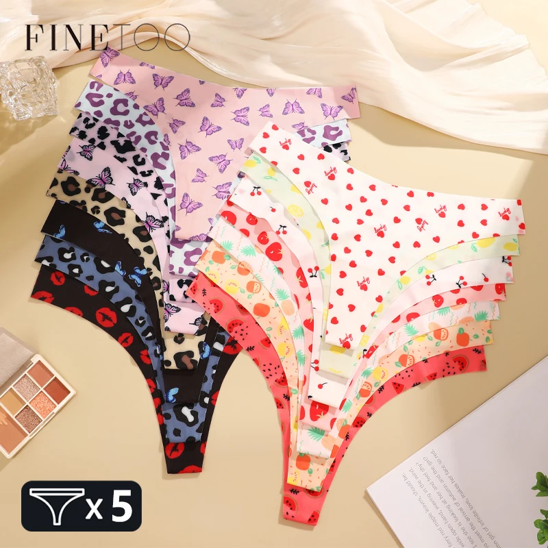5Pcs Ice Silk Graphic Print Thongs Women's Sexy Seamless Leopard G Strings Low…