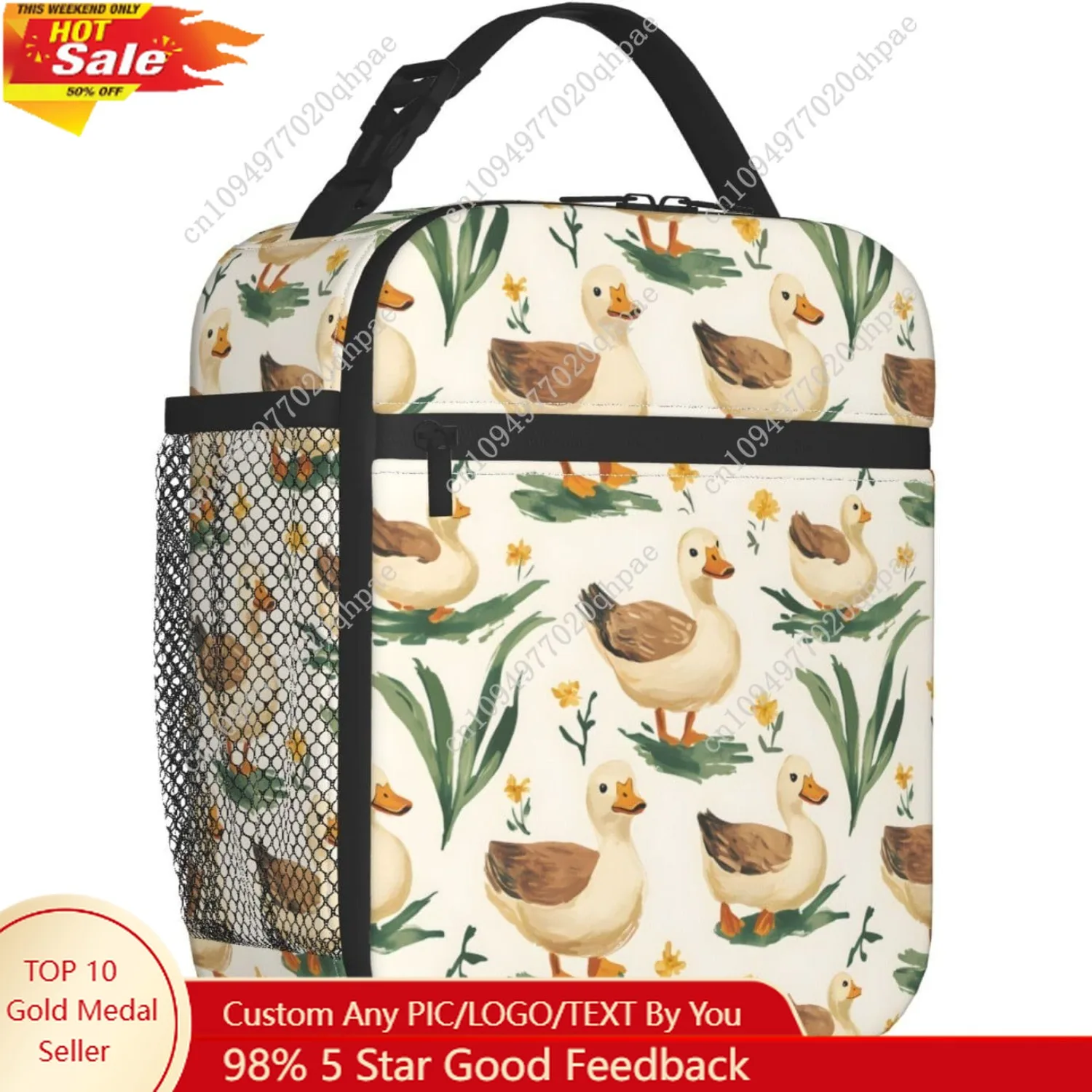 

Cute Duck Lunch Bag, Polyester Tote Bags with Meadow and Floral, Rural Countryside Insulated Lunchbox, Portable Lunchbag Decor G