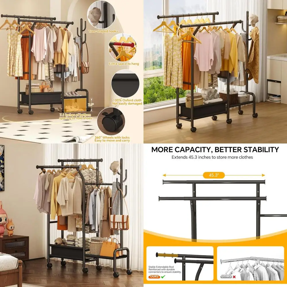 

Sturdy 3-Rod Rolling Clothes Rack, 500lbs Capacity, with Basket and Shelves, Black