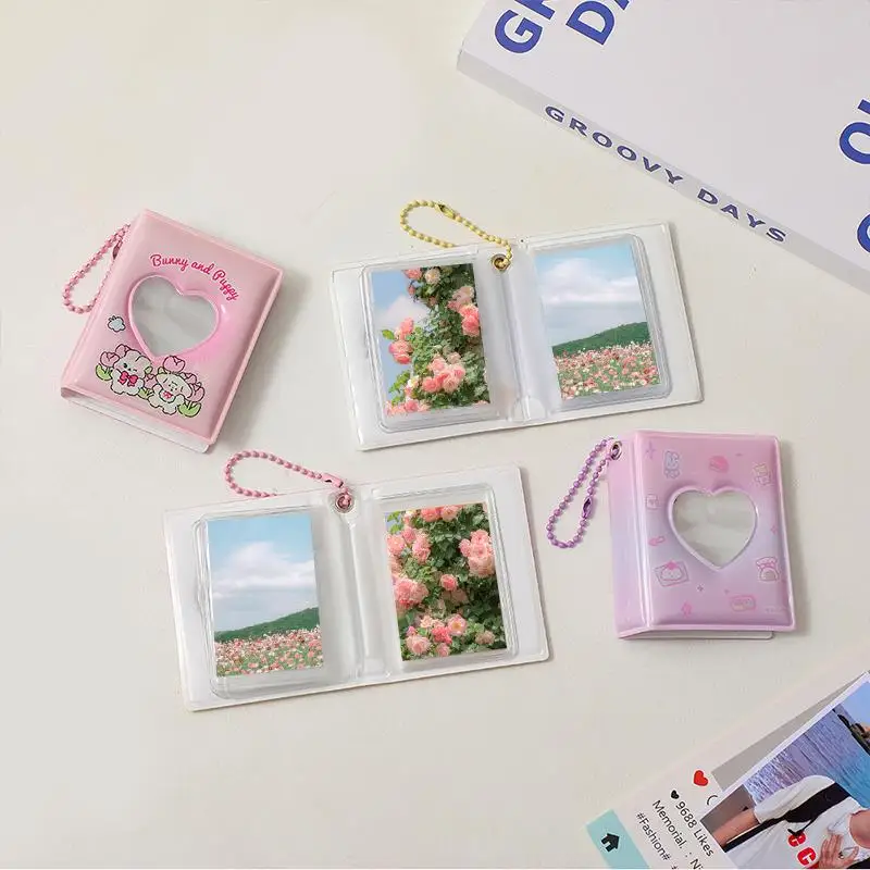 3 Inch Mini Photo Album Keychain 16 Pockets Small Photos Collect Book Photocard Holder Cartoon Bear Rabbit Heart Hollow Albums