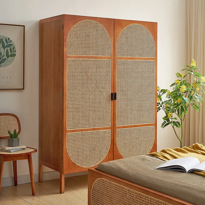 

Cherry wood color casement rattan wardrobe solid wood wardrobe household retro double door rattan integrated