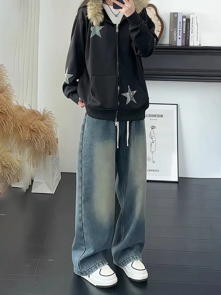 

American Style High Waist Fleece Lined Straight Leg Men's Jeans Winter Wear Casual Loose Fit Tapered Pants Polyester Fiber