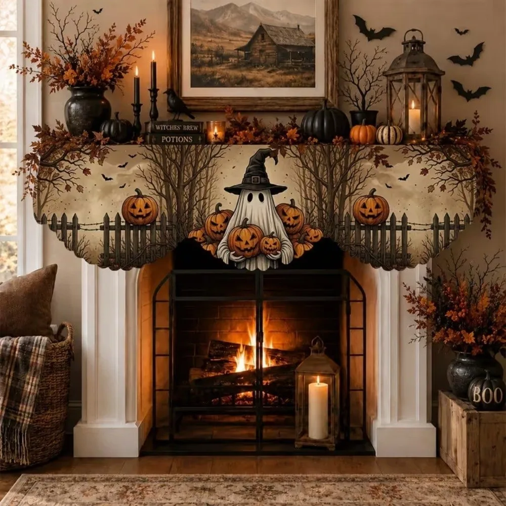 Scalloped Edge Halloween Mantel Scarf Haunted House Country-Style Spooky Fireplace Topper Pumpkin Theme Cute Ghost