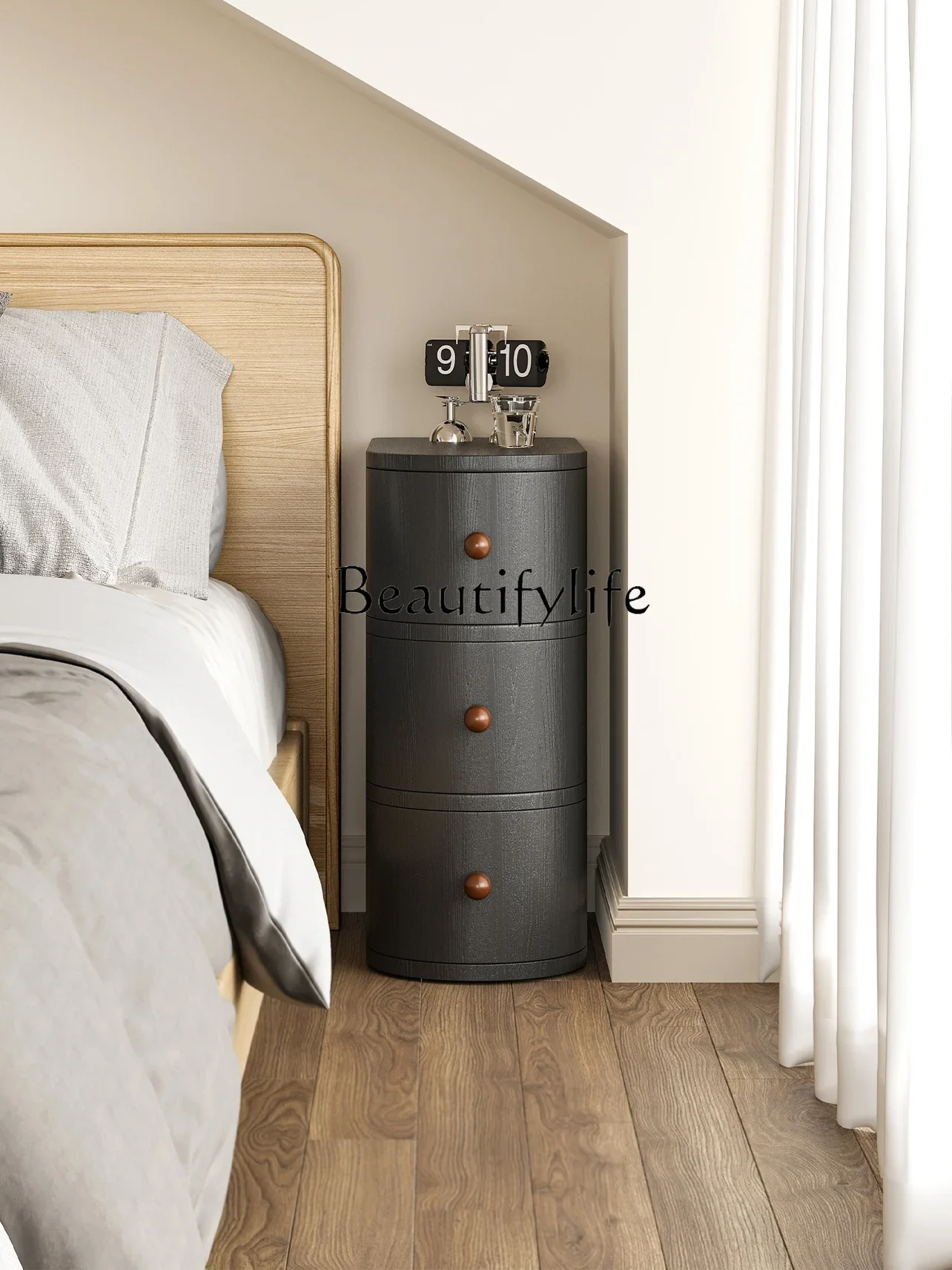 

Narrow Side Gap Bedroom Bedside Table Simple Modern Small Bedside Cabinet round Ultra Narrow Storage Cabinet