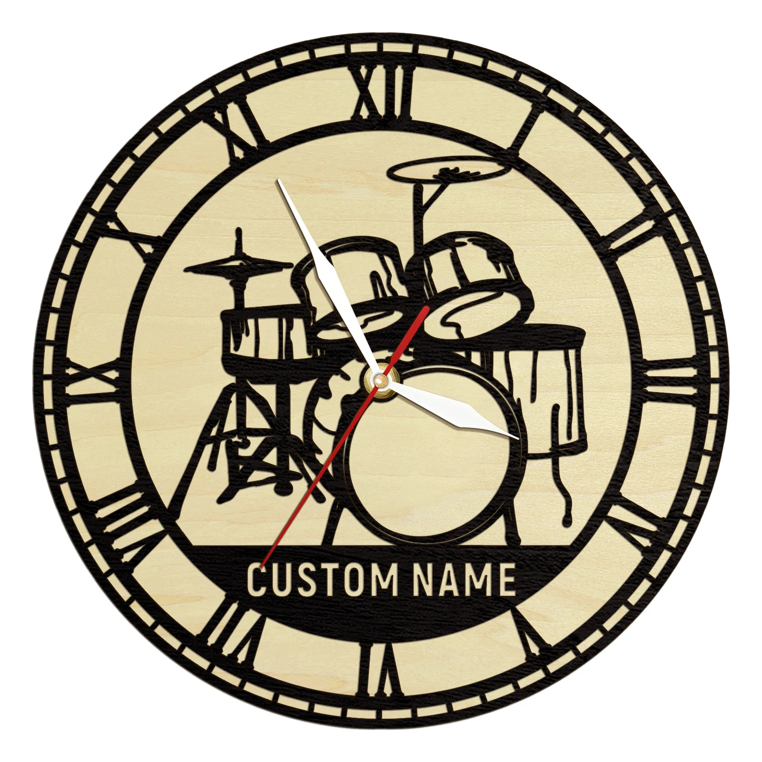 

Drum Set Wooden Frame Wall Clock For Rock Band Music Studio Home Decor Watch Personalised Drummer Gift Wood Living Hinger Clock