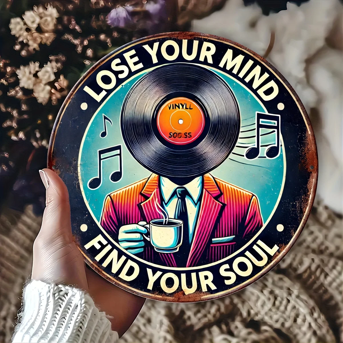 Vintage Vinyl Records & Coffee Music Metal Tin Sign - 