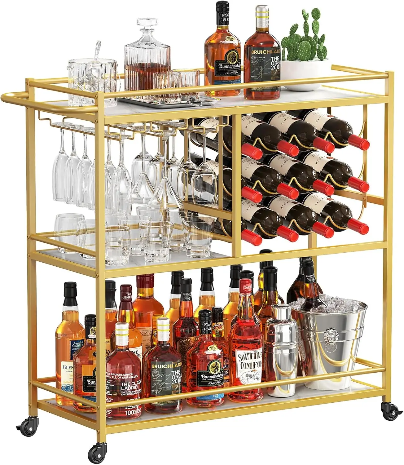 

Bar Cart for The Home, 3 Tier Drink Cart with Lockable Wheels, 12 Wine Rack and 3 Rows Glass Holders, Liquor Serving Car