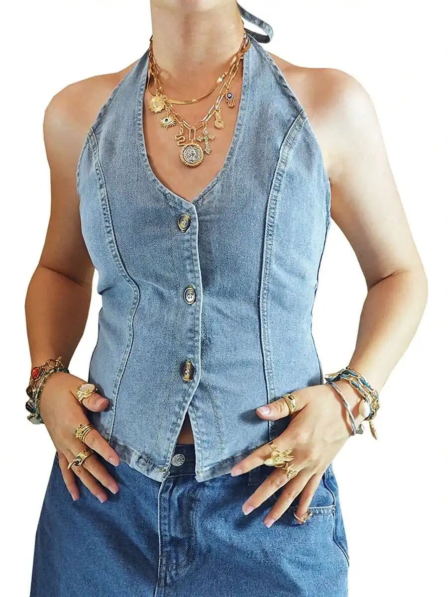 

Womens Denim Halter Vest Cropped Sleeveless V Neck Backless Top