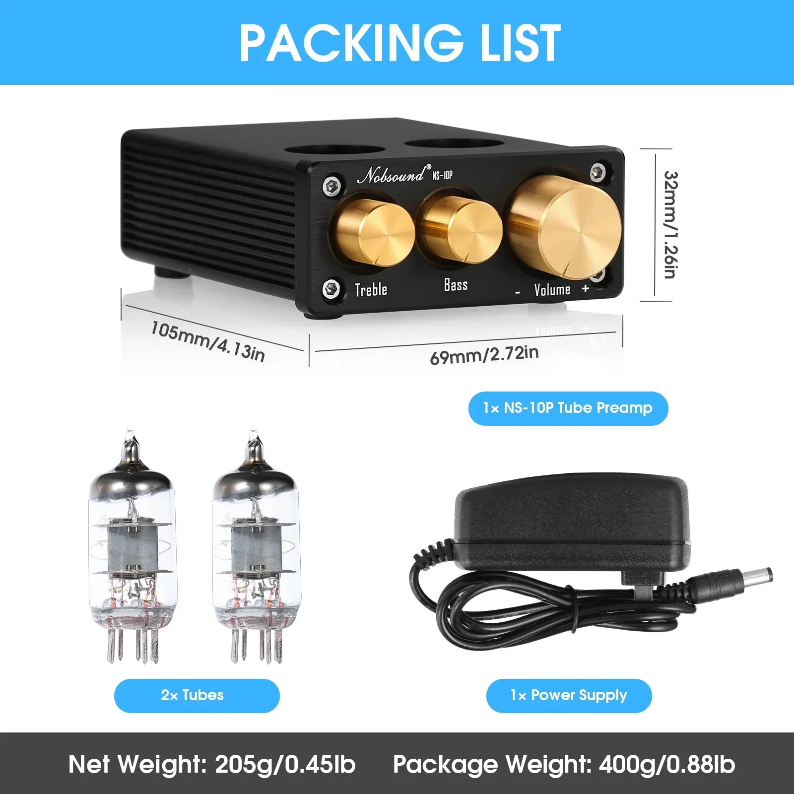 Nobsound NS-10P 미니 진공관 프리앰프, 하이파이 오디오 6J1 밸브 프리앰프, 고음 및 저음 제어, 블랙 오디오 애호가
