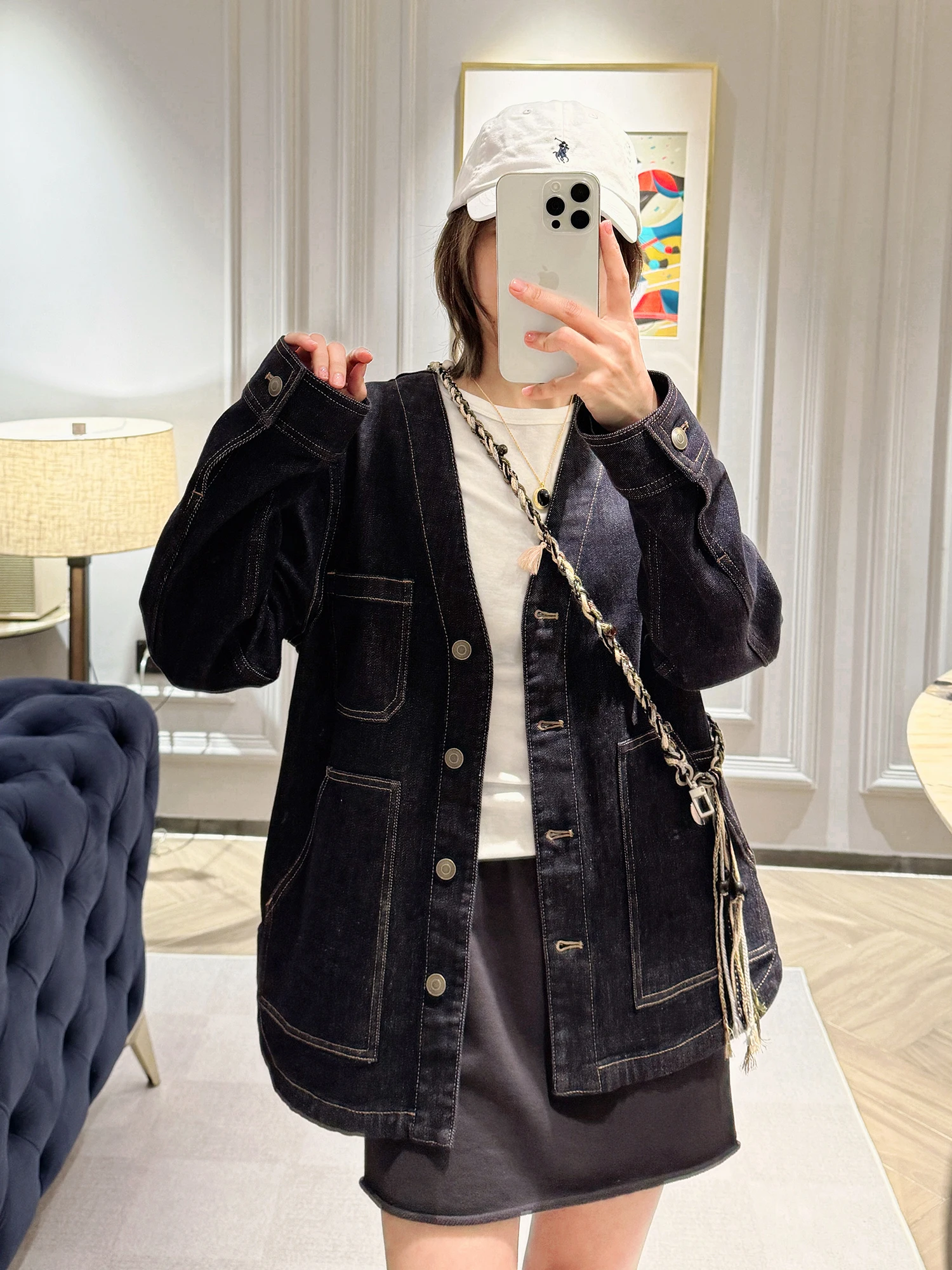 

Мягкая джинсовая куртка свободного кроя с V-образным вырезом, средней длины, повседневная, для женщин, весенняя новинка, смесь хлопка и полиэстера