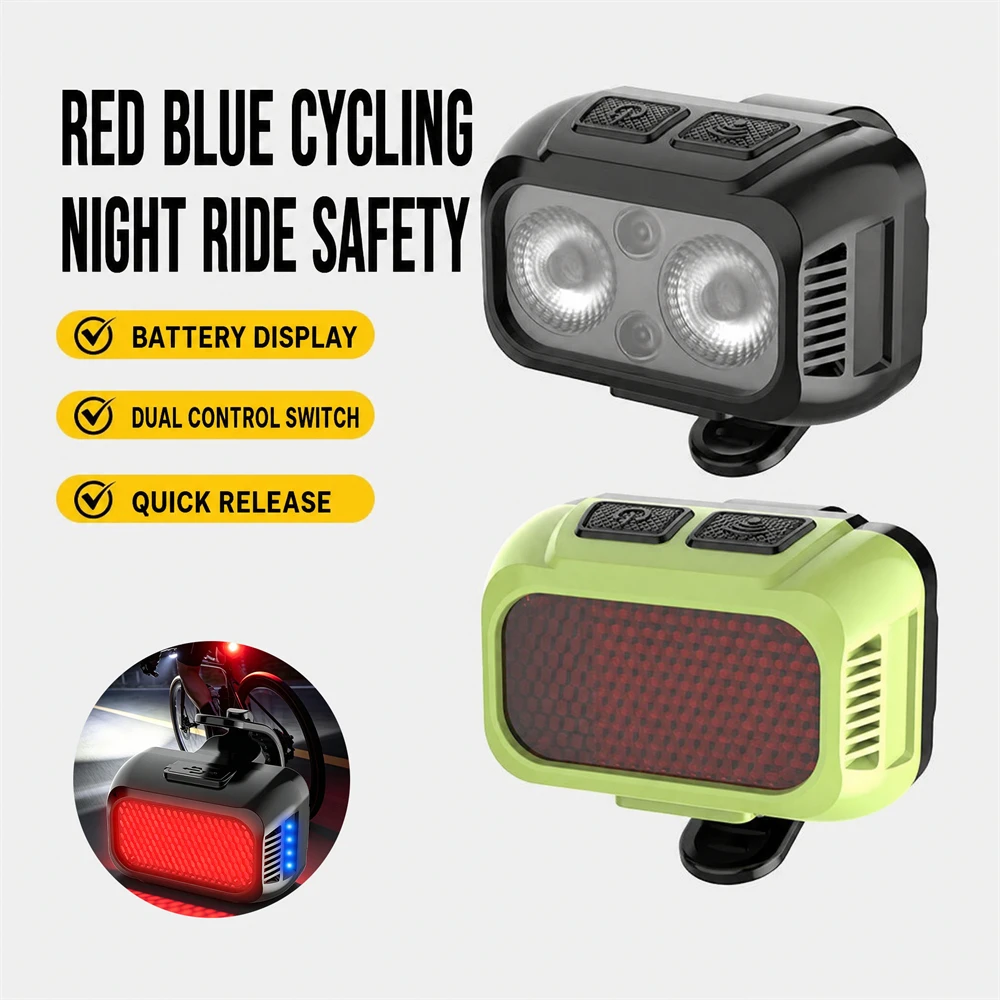 Dual Switch Bicycle Front Light Red Blue Warning Headlight 4 Level Power Display Rear Light Type-C Rechargeable Bike Taillight