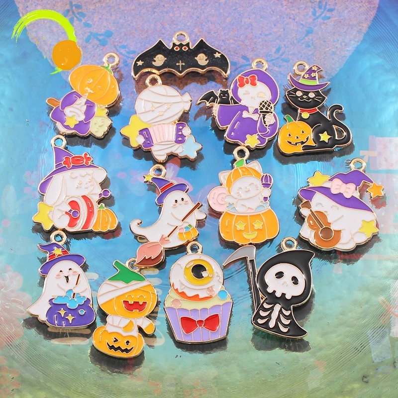 New Halloween Charms for Jewelry Making 10pcs Cartoon Pumpkin Ghost Skeleton Skull Mummy Enamel Metal Charm Pendant for Bracelet