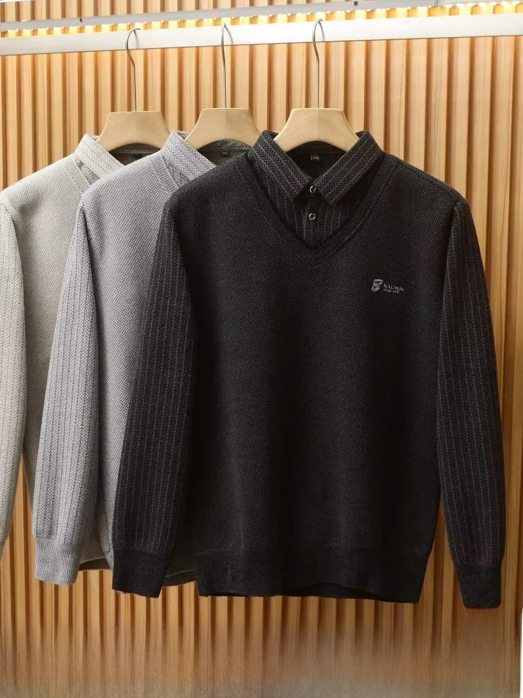 Thiened искусственный двухсекционный вязаный свитер, мужской круглый воротник, теплый базовый слой, смесь хлопка, повседневный длинный викрой в полоску