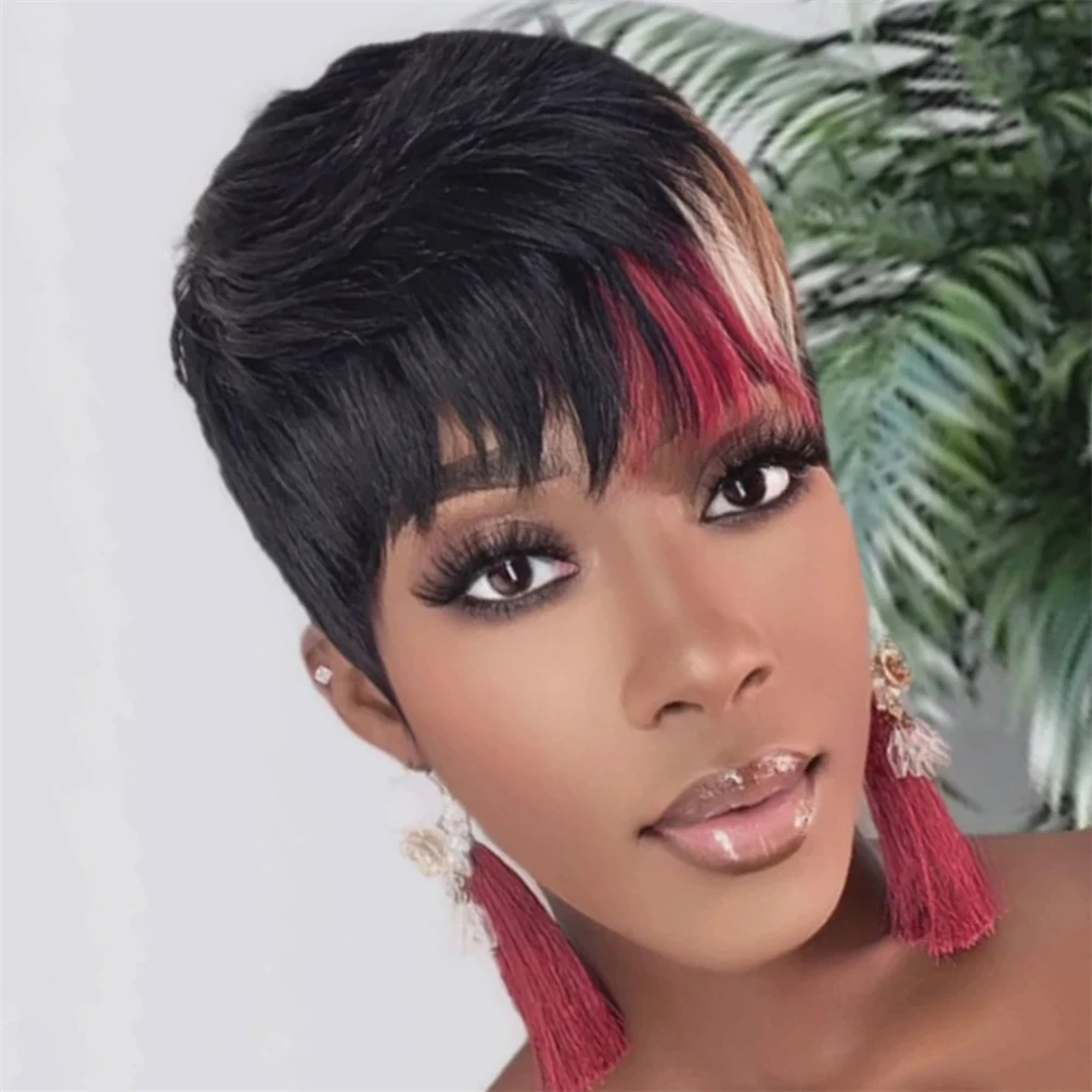 ピクシーカット ストレート人毛ウィッグ 女性用 1B/レッド/613/30 #   カラーフルマシンメイドウィッグショートレイヤードストレートウィッグ前髪付き