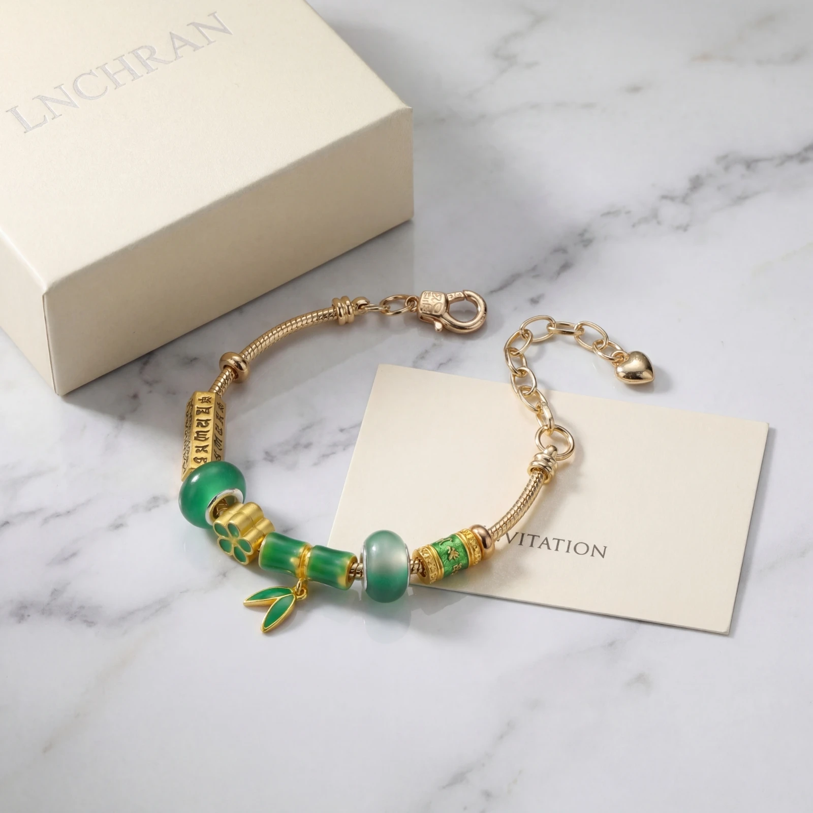 

Golden Adjustable Bracelet with Bamboo & Enamel Charms for Women Lucky Jewelry Gift