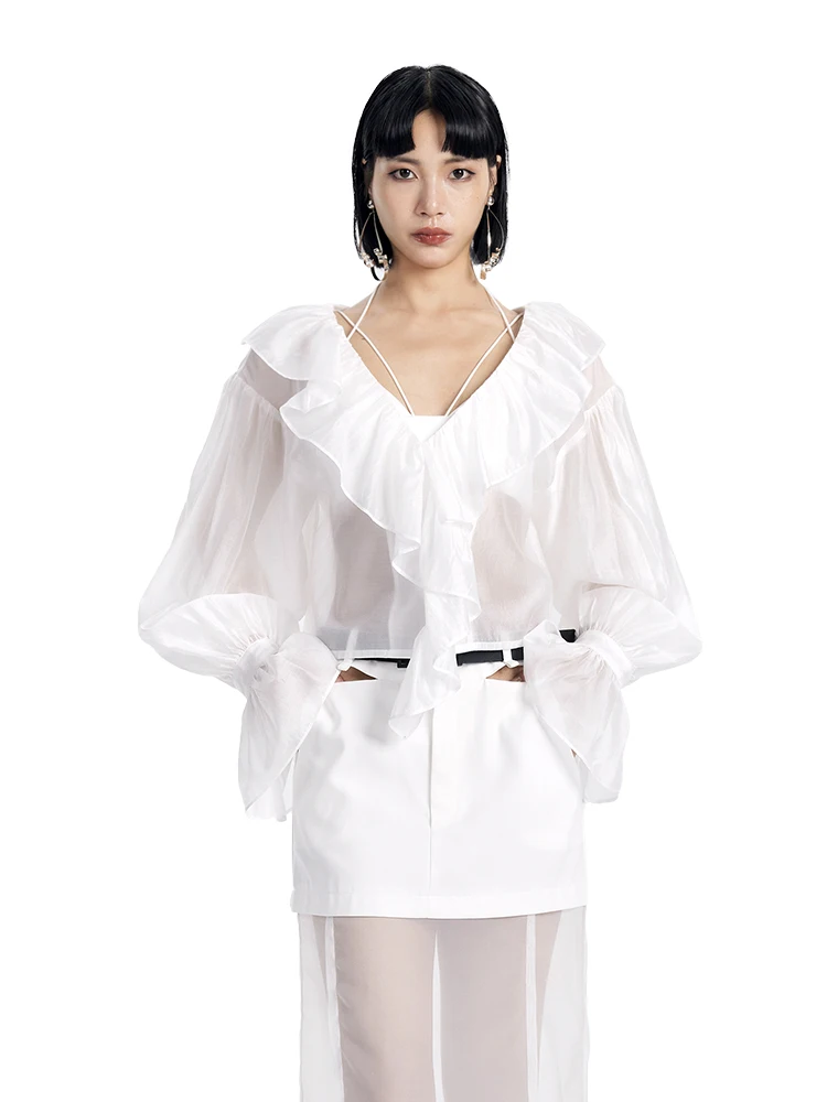 

Romantic V-Ne Lace-d Sun Protection irt Transparent Design Original Creation Loose Fit Long Sve Women's Faion