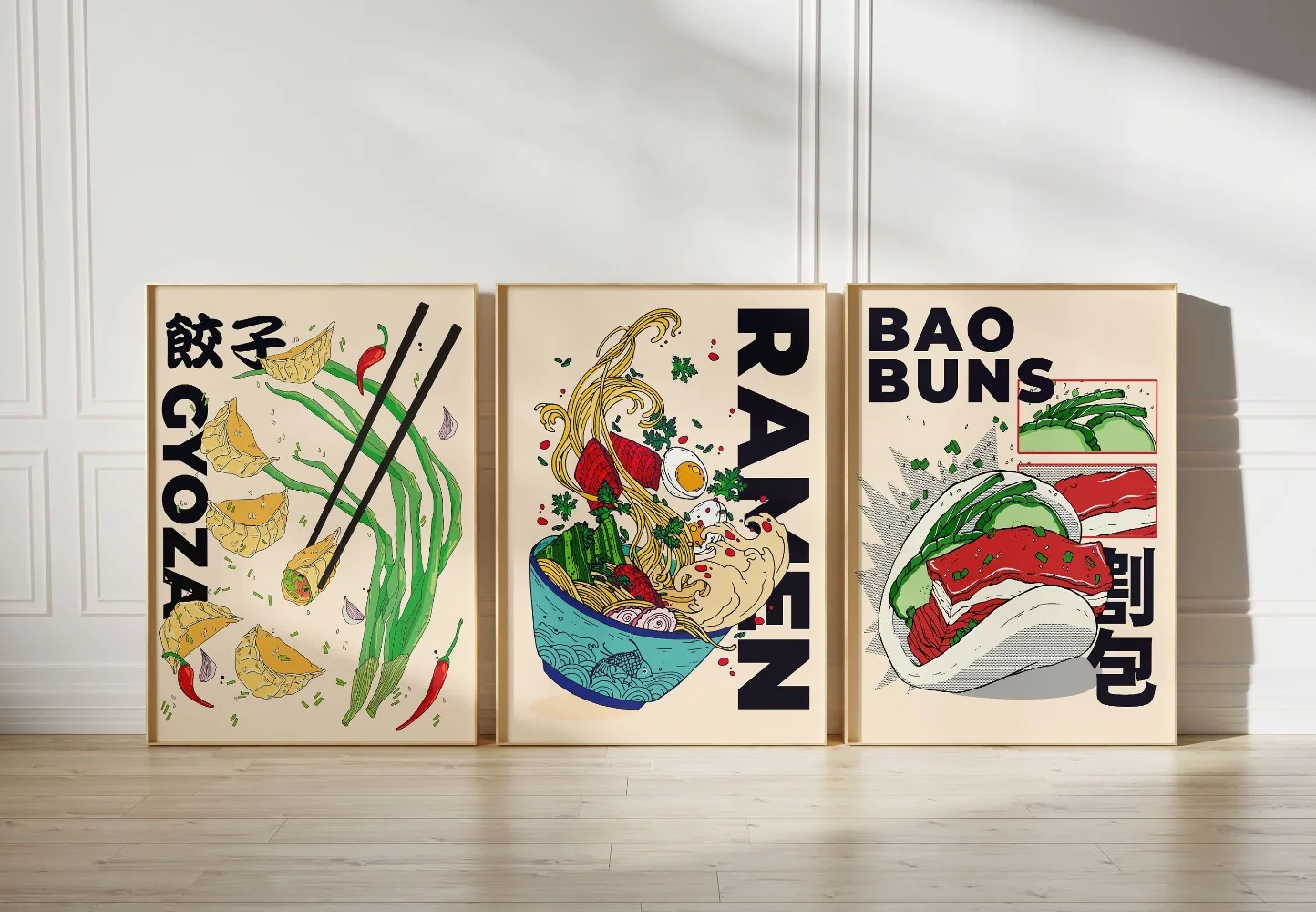 3pcs Set Japanese Food Canvas Poster Prints - Ramen, Gyoza, Bao Buns - Modern Kitchen Wall Art Decor Unframed
