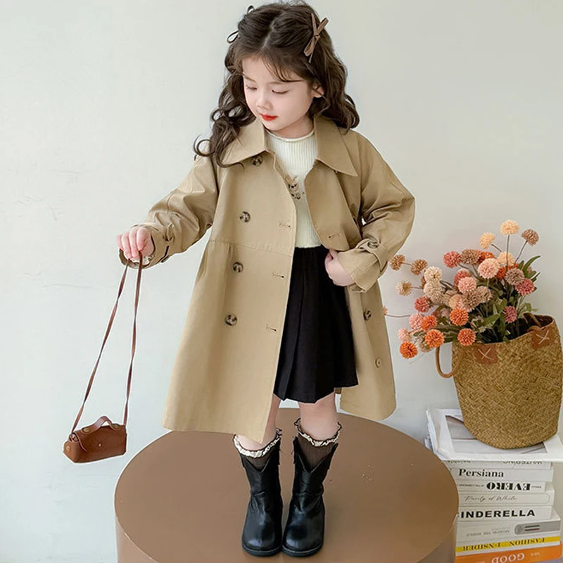 British Long Style Girls Trench Coat Spring Autumn New Solid Color Solid Color Lapel Windbreak For Kids Retro Jacket 2-8 Years
