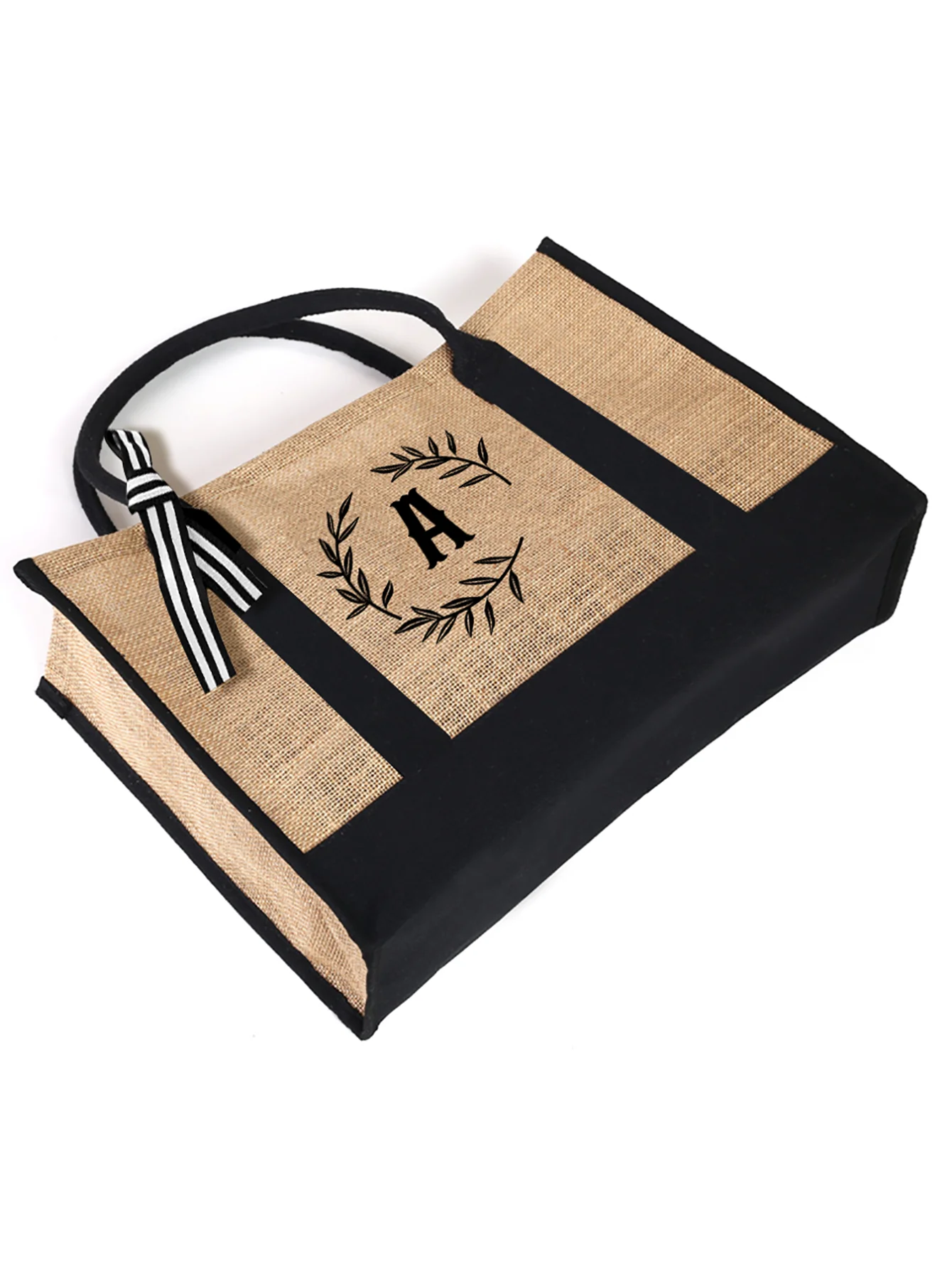 Personalized Letter Wreath Jute Canvas Tote Bag Custom Initial Monogram Linen Handbag Large Waterproof Shopping Bag Bridesmaid G