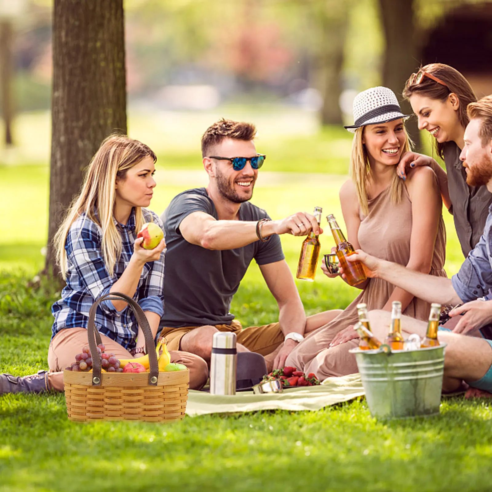 

1Pcs Woven Handle Basket Natural Handwoven Multi-Purpose Storage Container Picnic Fruit Vegetable Shopping Basket Home