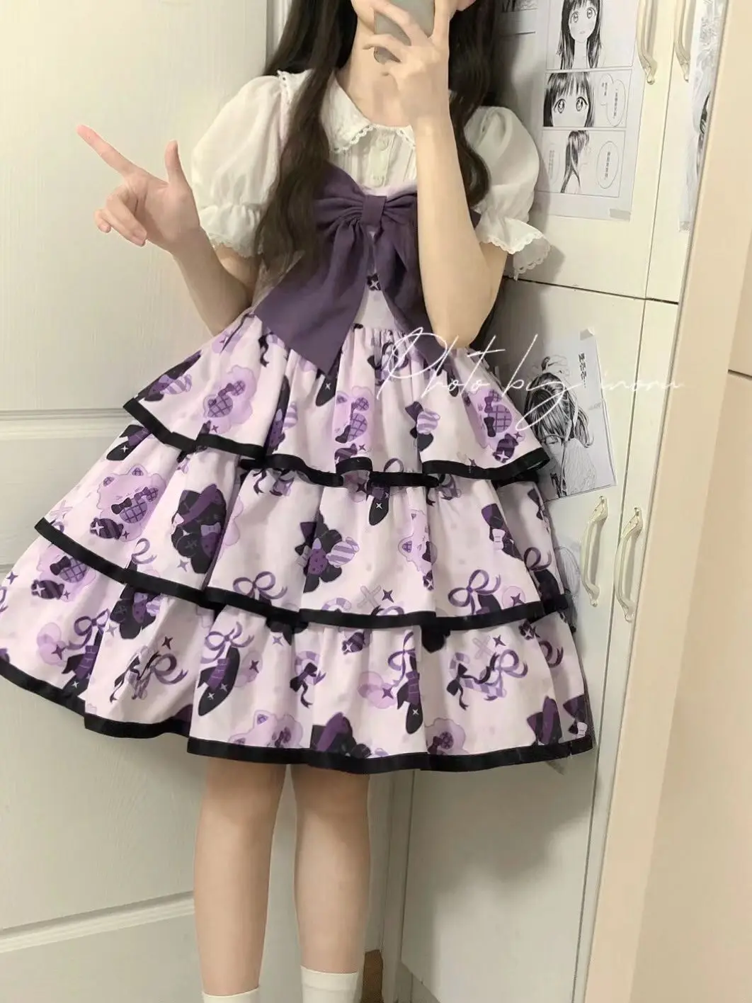 Cartoon japonês Print Lolita Dress para Mulheres, Kawaii Daily Soft Girl JSK Princess Dress, Festa do Chá Cosplay Cos, Doce