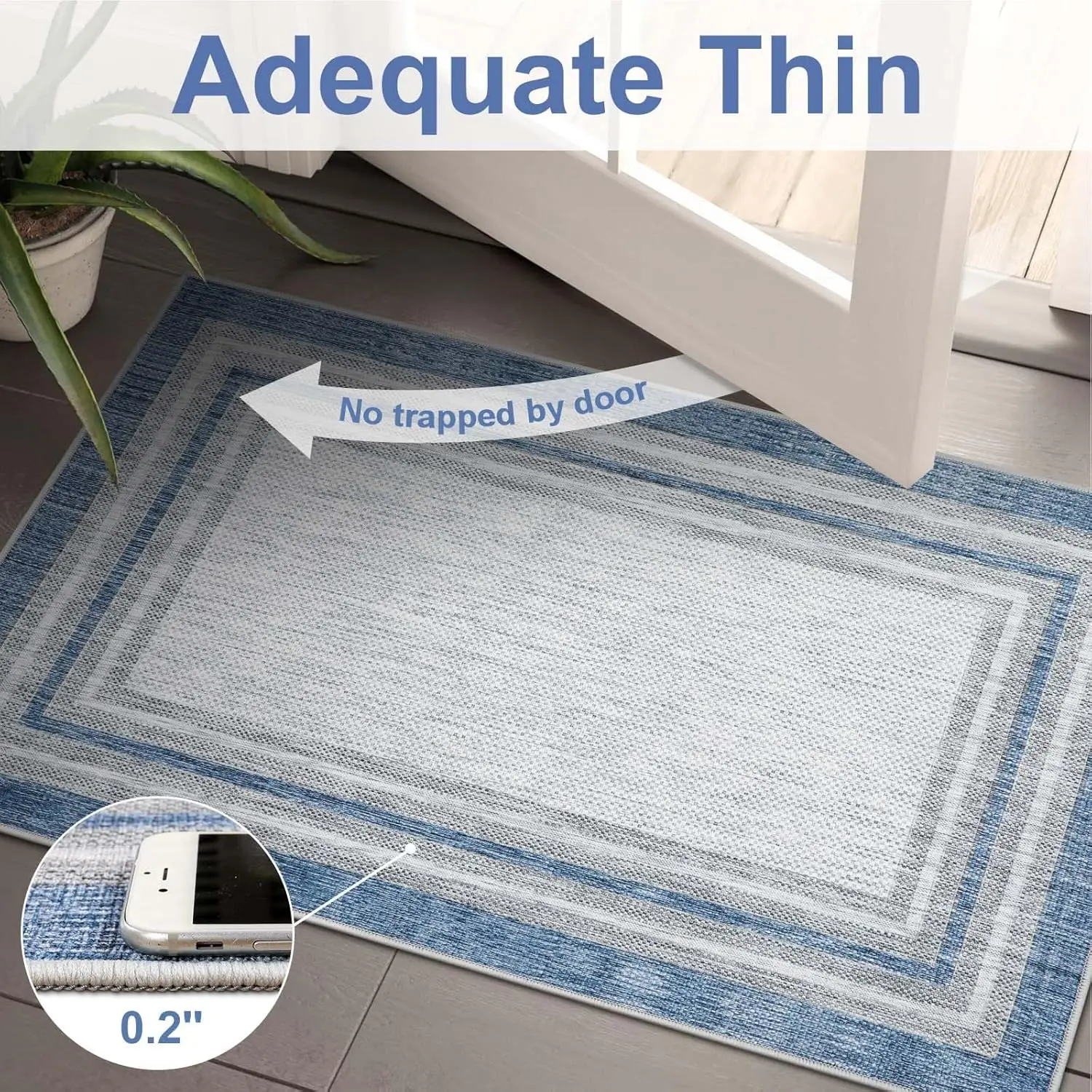 Blue Rugs for Entryway, Kitchen Rugs Non Slip Washable Throw Mat with Rubber Backing, Modern Printed Small Accent Carpet for