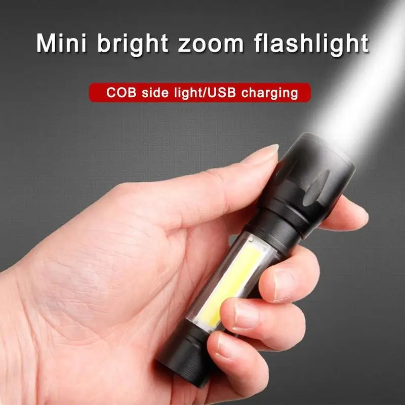 Mini Bright Zoom Flashlight with Side Light COB Strong Light Telescopic Zoom USB Charging Outdoor Camping Lights Emergency Lamp
