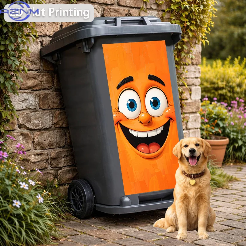 Trash Can Sticker Orange Grinning Happy Face Themed Design, Self-Adhesive Wall Decal Wallpaper for Kitchen Trash Can Decoratio view 2