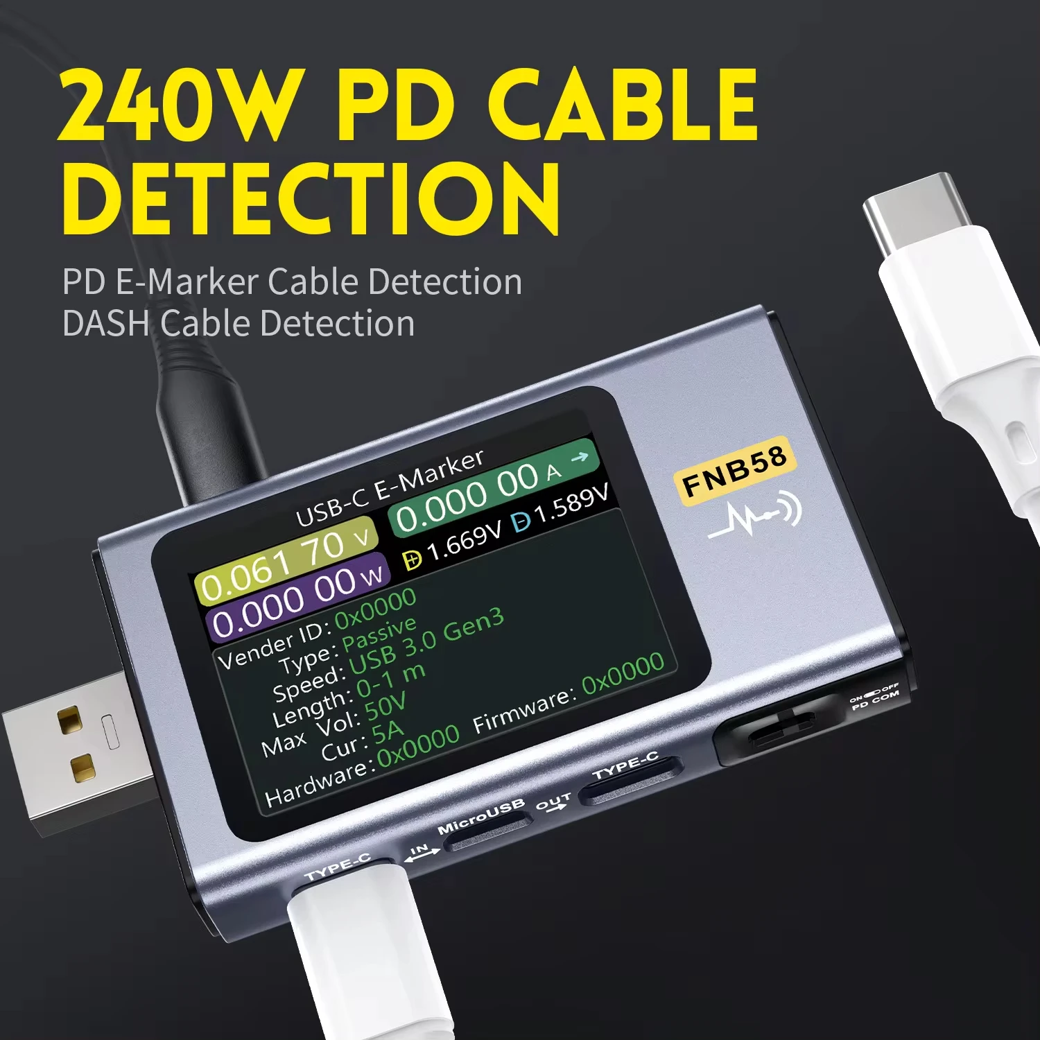 FNB58 USB 테스터 전압계 전류계 TYPE-C, 고속 충전 감지 트리거 용량 측정, 리플 측정