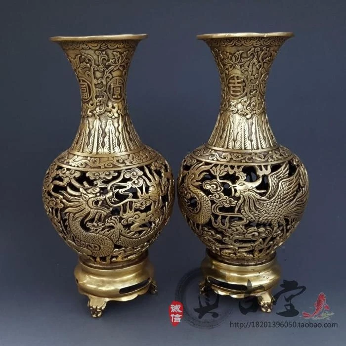 Special Antique Pure Copper Large Hollow Dragon And Phoenix Vase Ornaments, A Pair Of Home Decoration Gifts, Antique Bronze Coll