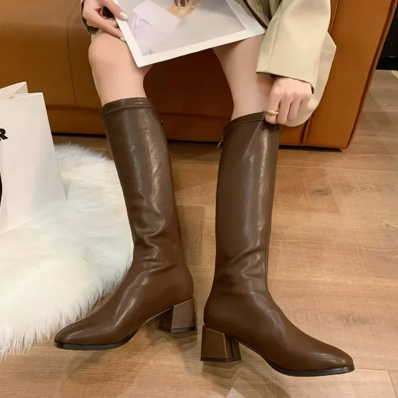 2024 New Women's Shoes Knee-High Women's Boots Classics Modern Boots Women Sewing Square Toe Back Zip Chunky Heels Shoes Ladies