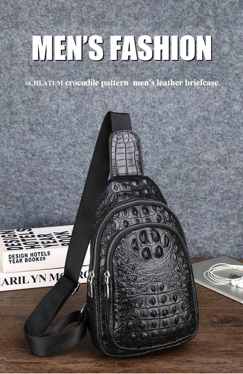 Schlatum 100% Rindsleder Männer Krokodil Narben Mode schwarz multifunktion ale Leder Brusttasche – Detail 1