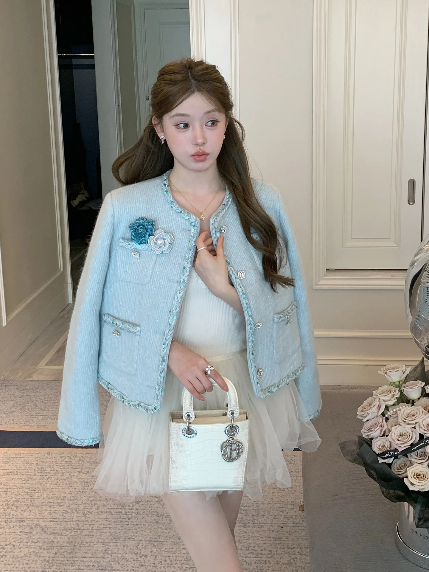 

Женская верхняя одежда FanyFloss из букле с объемными 3D цветами, французский стиль, премиум-класс, шерстяная смесь, с пайетками