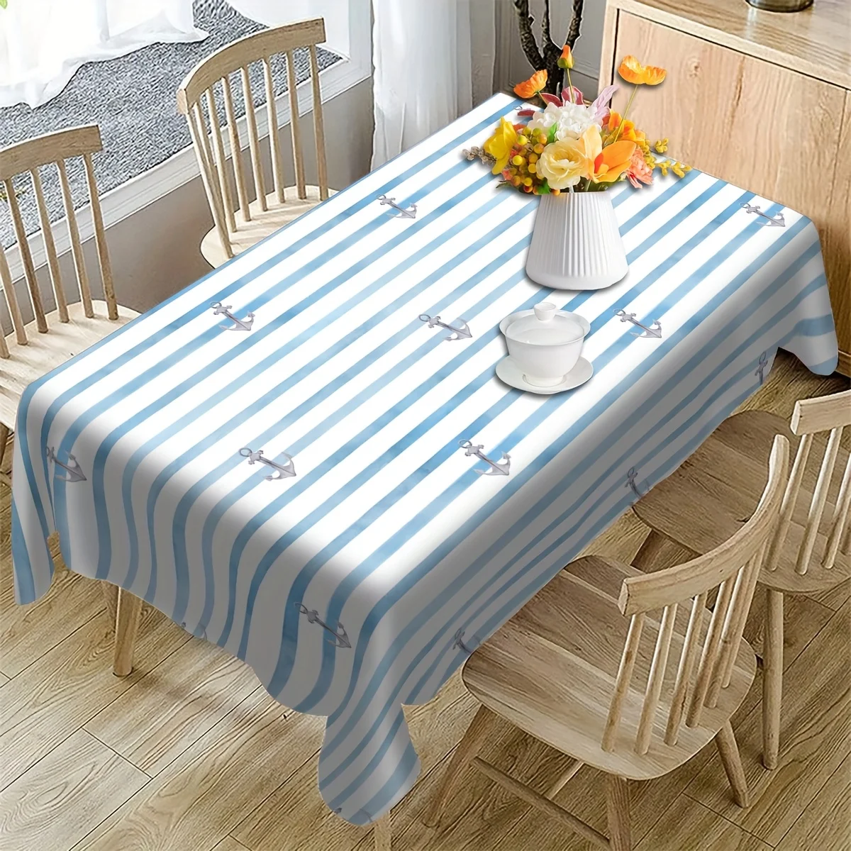 JIT 1PC blue and white striped and anchor printed tablecloth - suitable for party indoor and outdoor decoration, gatherings