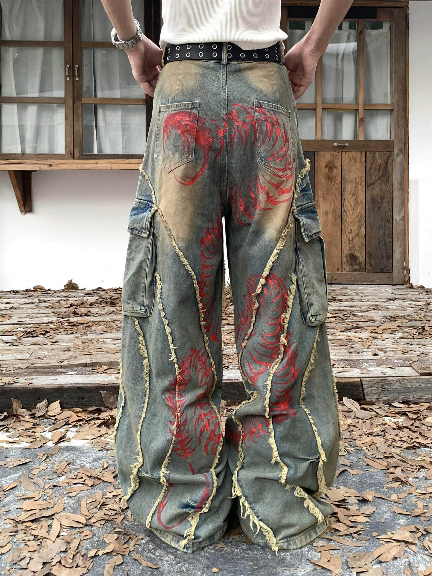 

Women's High Waist Wide Leg Vintage Washed Cargo Jeans Distressed Frayed Patchwork Red Print Y2K Streetwear Denim Trousers