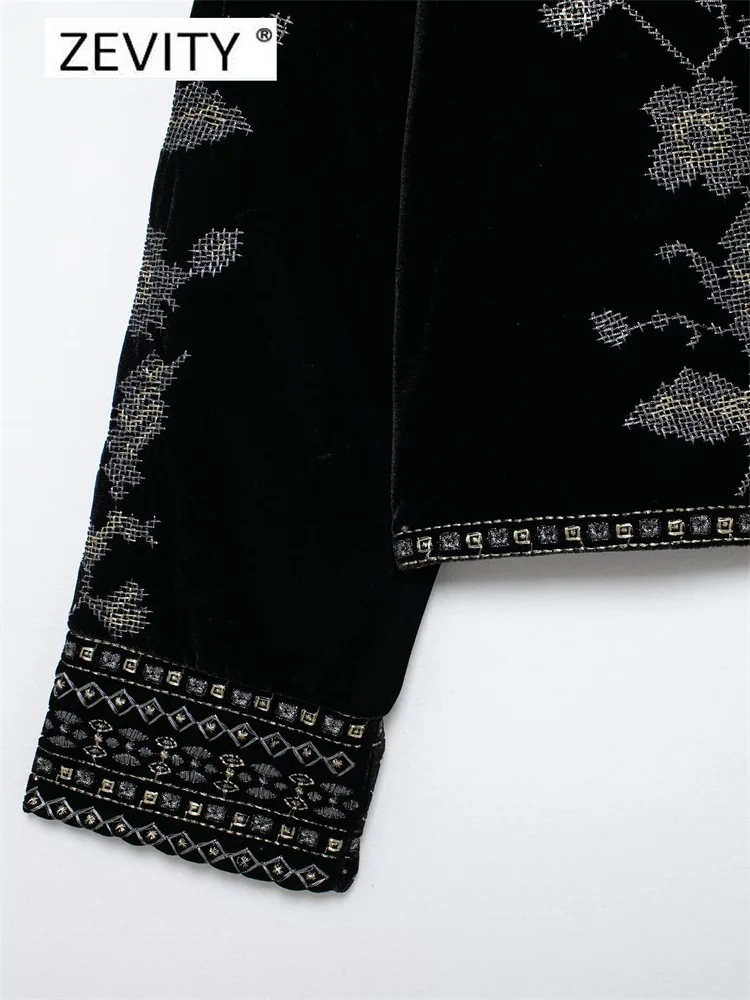 Zevity جديد إمرأة خمر س الرقبة هندسية الأزهار التطريز قصيرة المخملية معطف مكتب سيدة طويلة الأكمام أبلى سترة القمم CT7352 #5