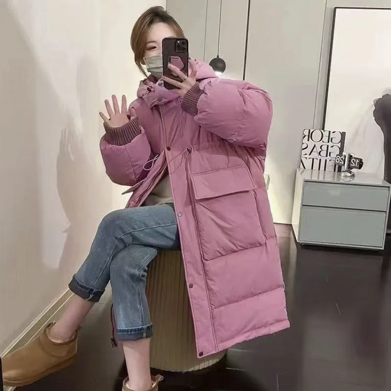 

Long Hooded Down Jacket 2023 Women's Winter Coat New Large Pockets Korean Loose Commuter Warm Thickened Coat Women Jacket