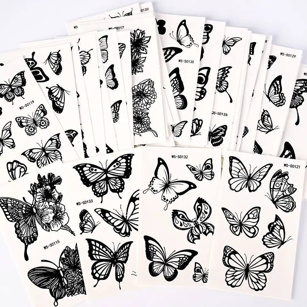 30pcs/set Black Butterfly Temporary Tattoo Y2k Waterproof Butterflies Body Hand Finger Stickers Gothic Love Heart Fake Tattoos