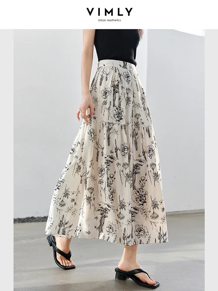 VIMLY 女性エレガントシックな花柄プリントプリーツスカート 2025 秋オフィスレディ弾性ウエスト A ラインスイングミディレディーススカート A0093